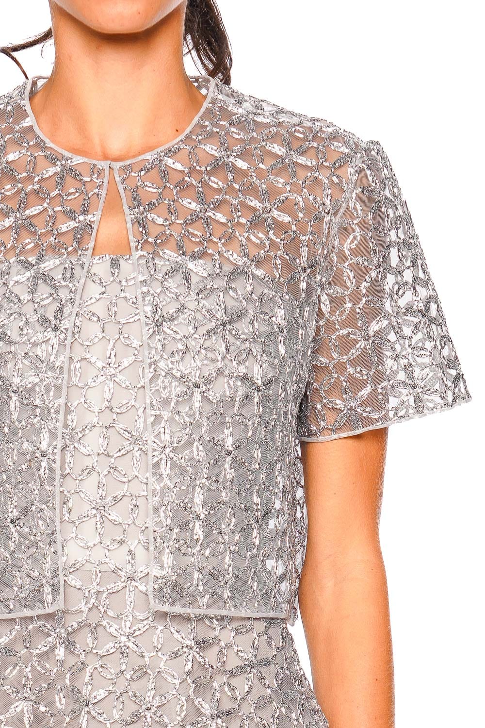 Silver Floral Raffia Embroidered Short Sleeve Bolero