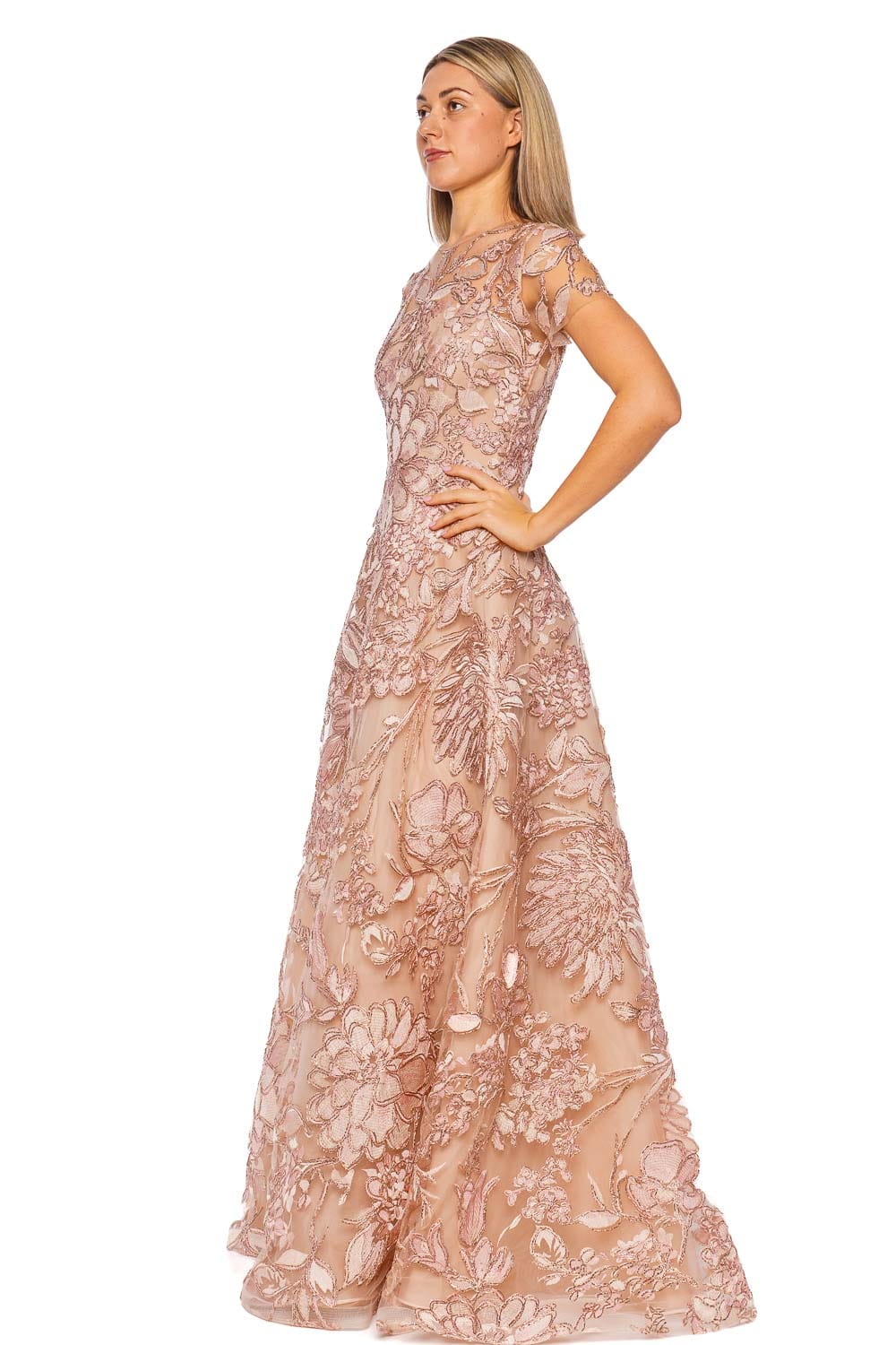 Naeem Khan Raffia Pink Multi Short Sleeve Gown