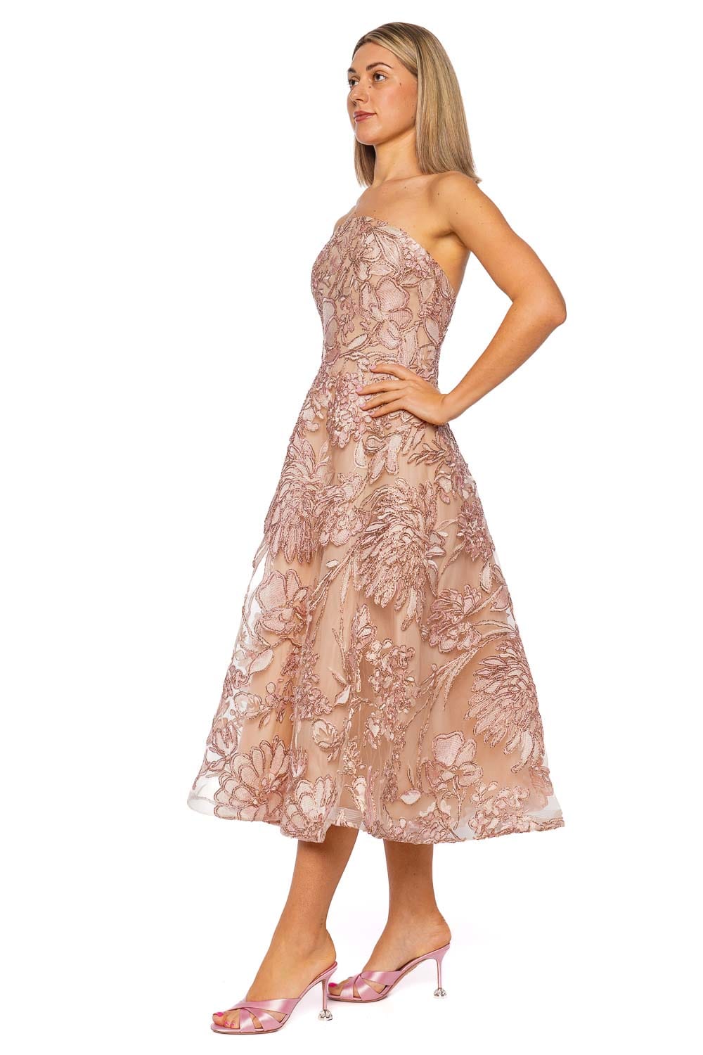 Naeem Khan Pink Multi Raffia Strapless Midi Dress