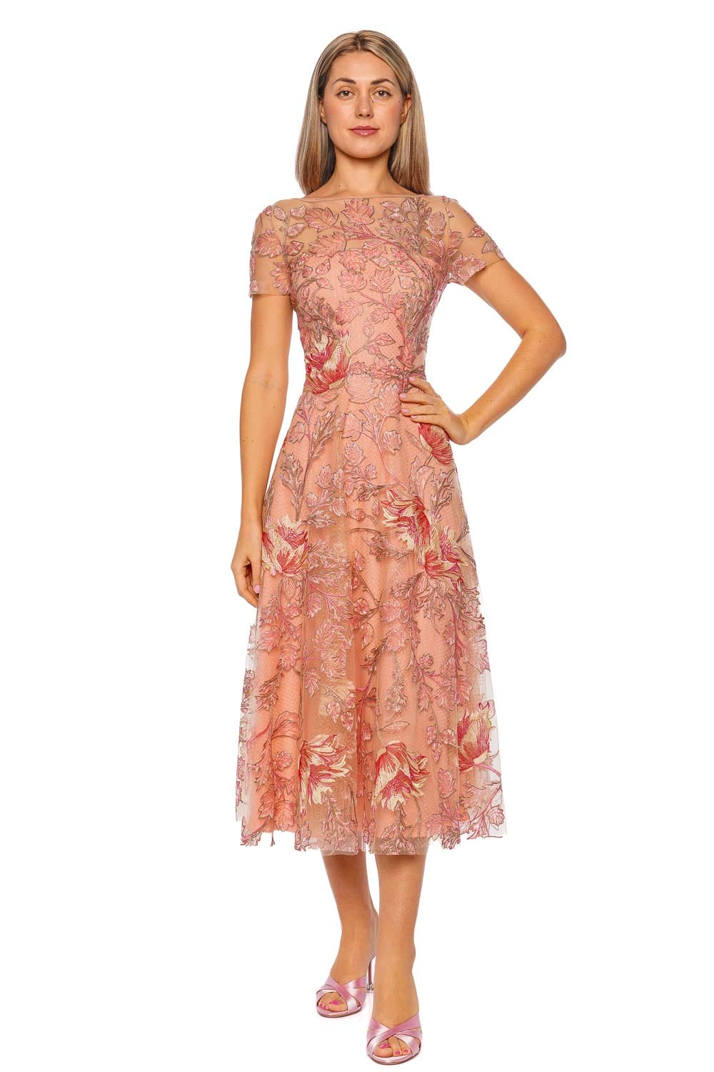 Naeem Khan Pink Multi Short Sleeve Illusion Neckline Floral Cocktail Dress