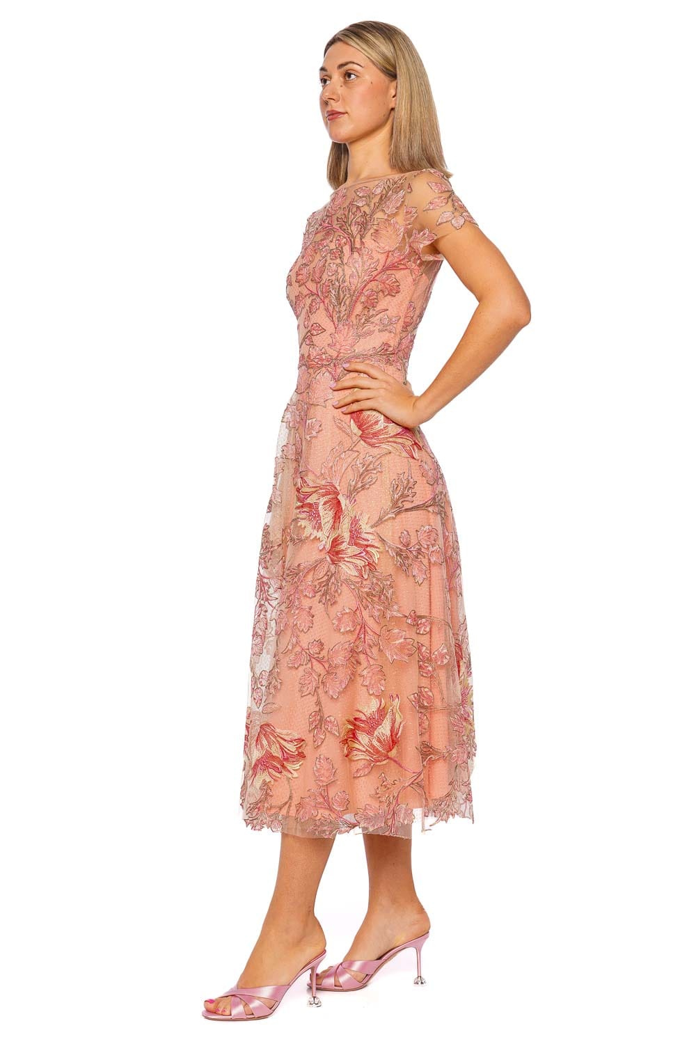 Naeem Khan Pink Multi Short Sleeve Illusion Neckline Floral Cocktail Dress