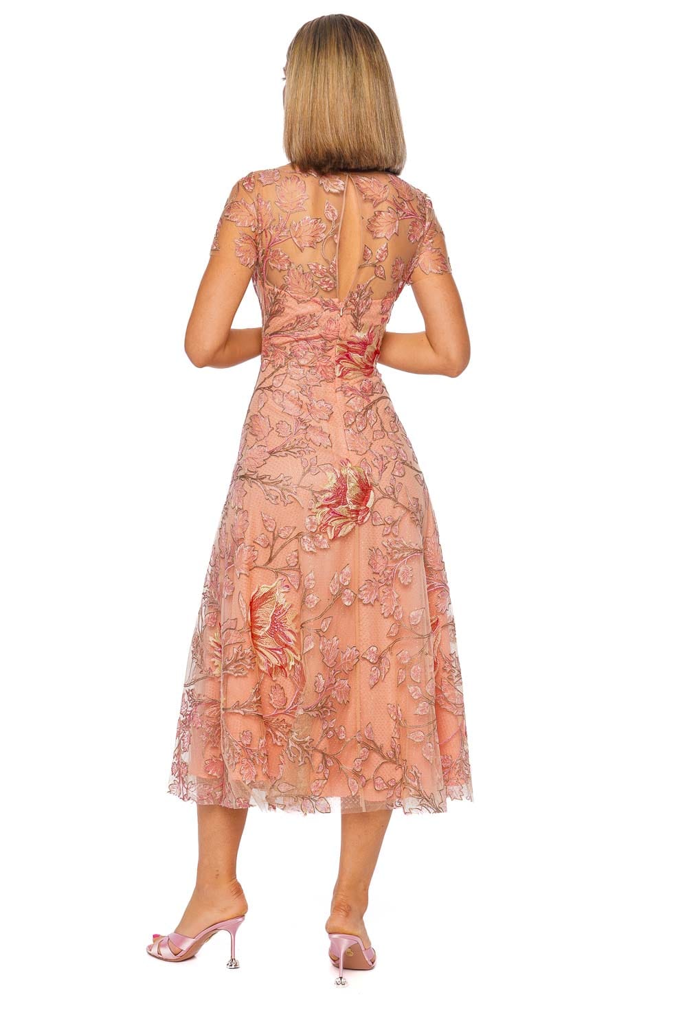 Naeem Khan Pink Multi Short Sleeve Illusion Neckline Floral Cocktail Dress