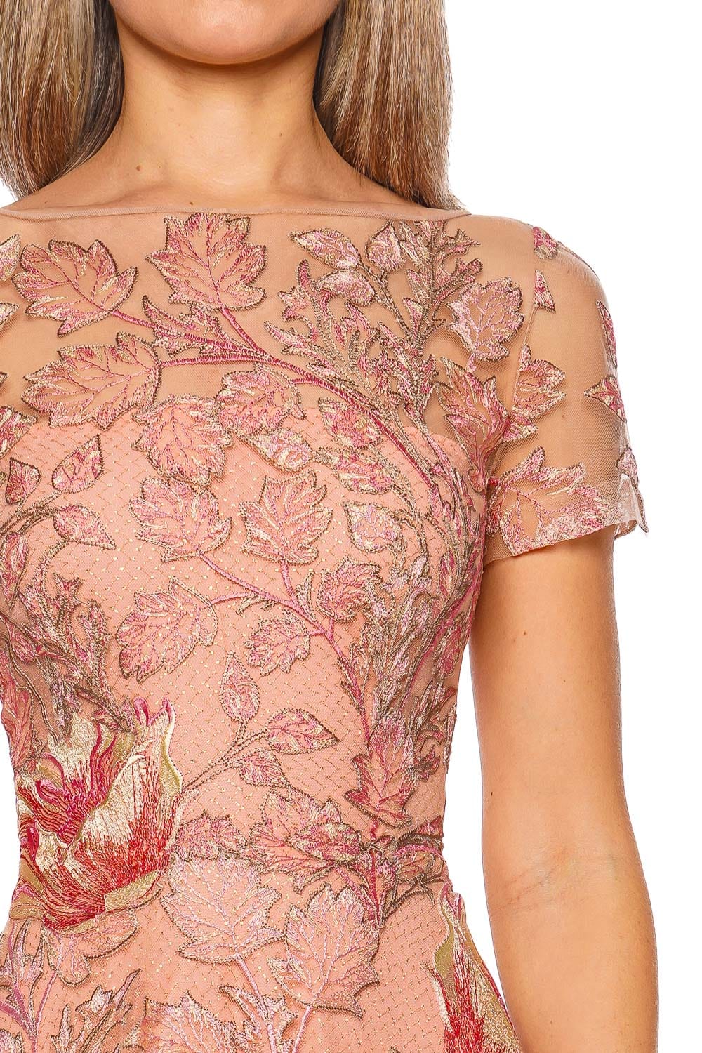 Naeem Khan Pink Multi Short Sleeve Illusion Neckline Floral Cocktail Dress