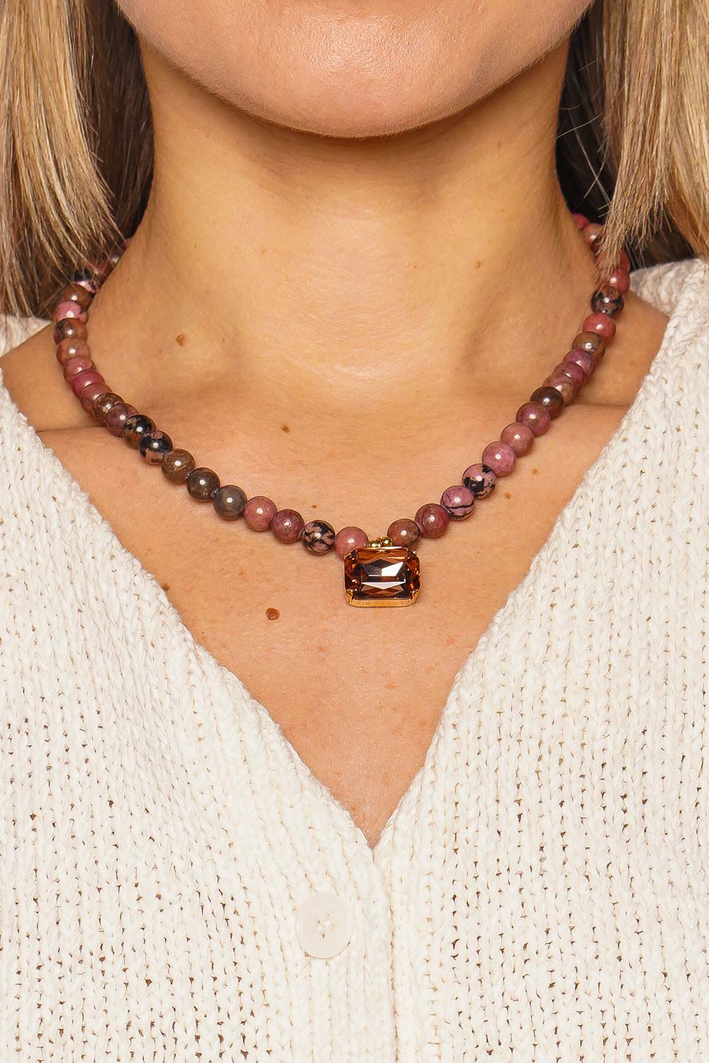 Jennifer Behr Sidonie Rhodonite Beaded Stone Pendant Necklace