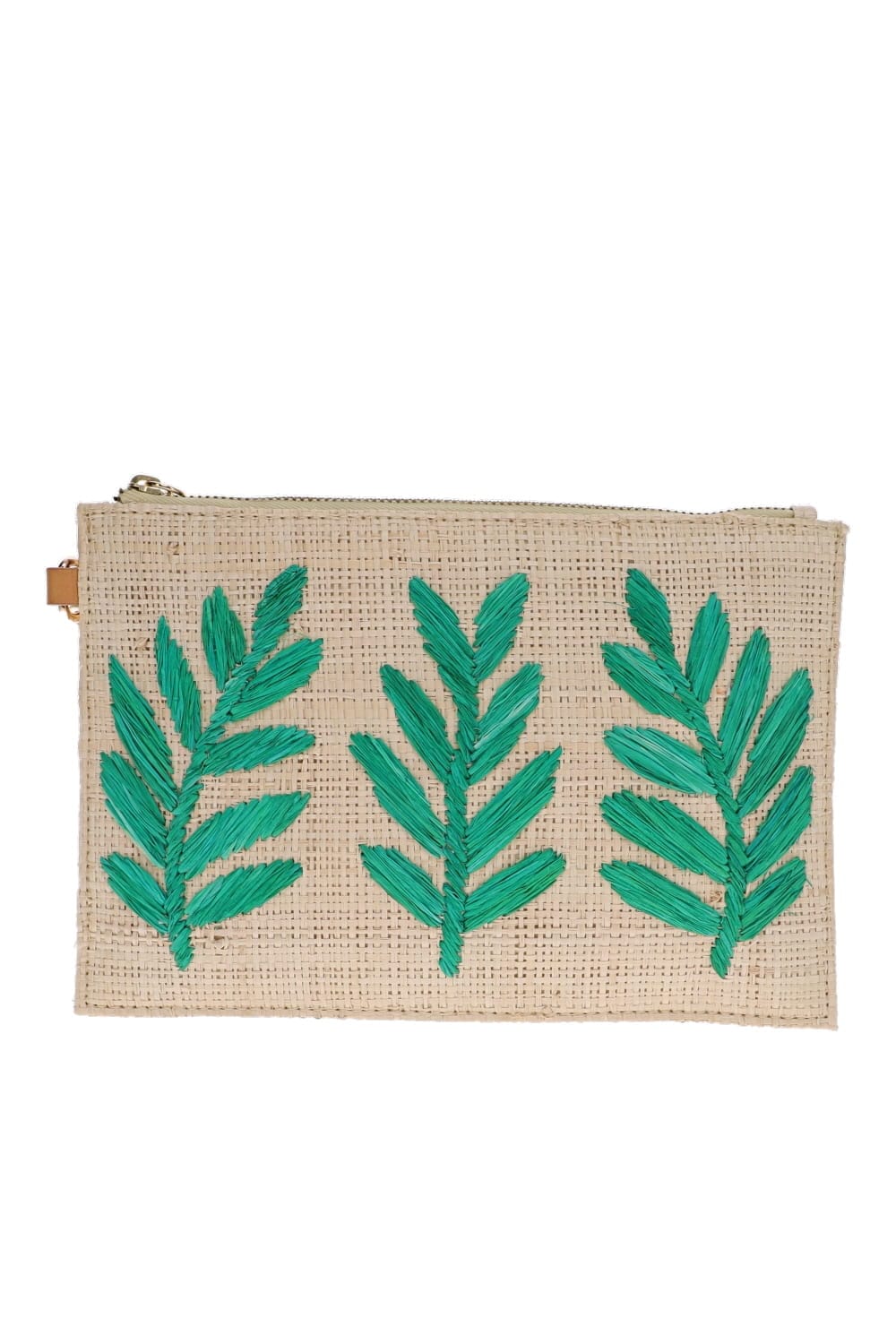 KAYU Monstera Clutch Raffia Natural and Green Embroidered Bag