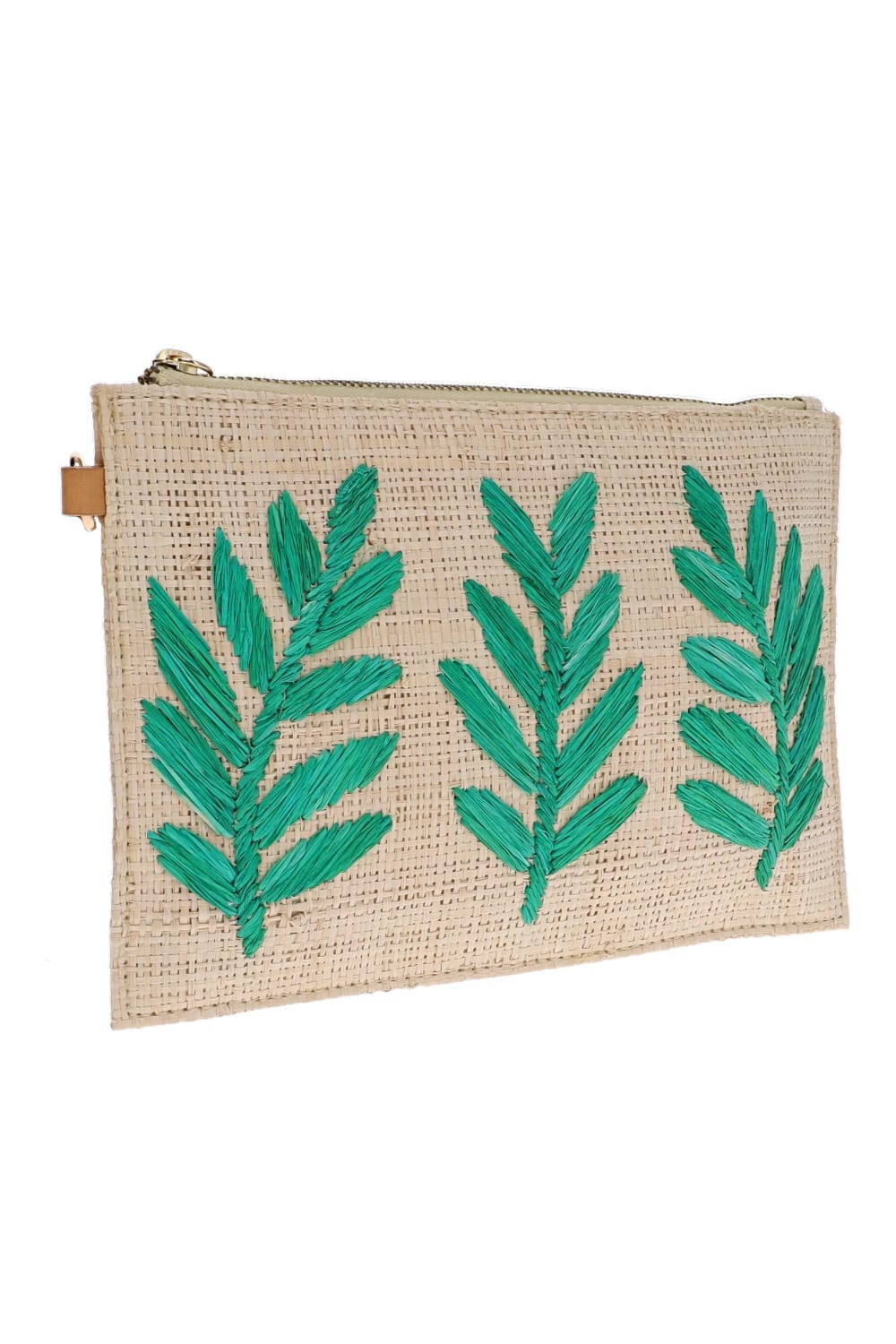 KAYU Monstera Clutch Raffia Natural and Green Embroidered Bag