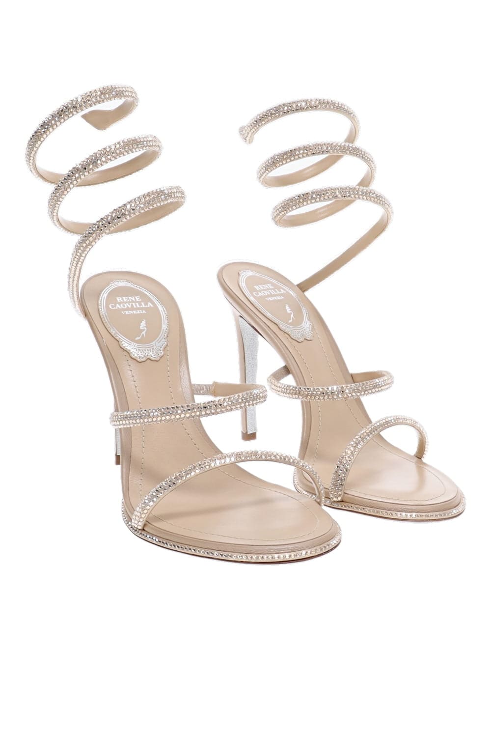 RENE CAOVILLA Beige Golden Shadow Crystal Wrap Heel Sandals