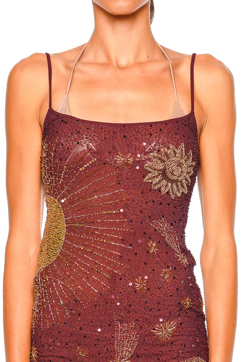 Leslie Amon After Sun Brown Beaded Mini Dress with Spaghetti Straps