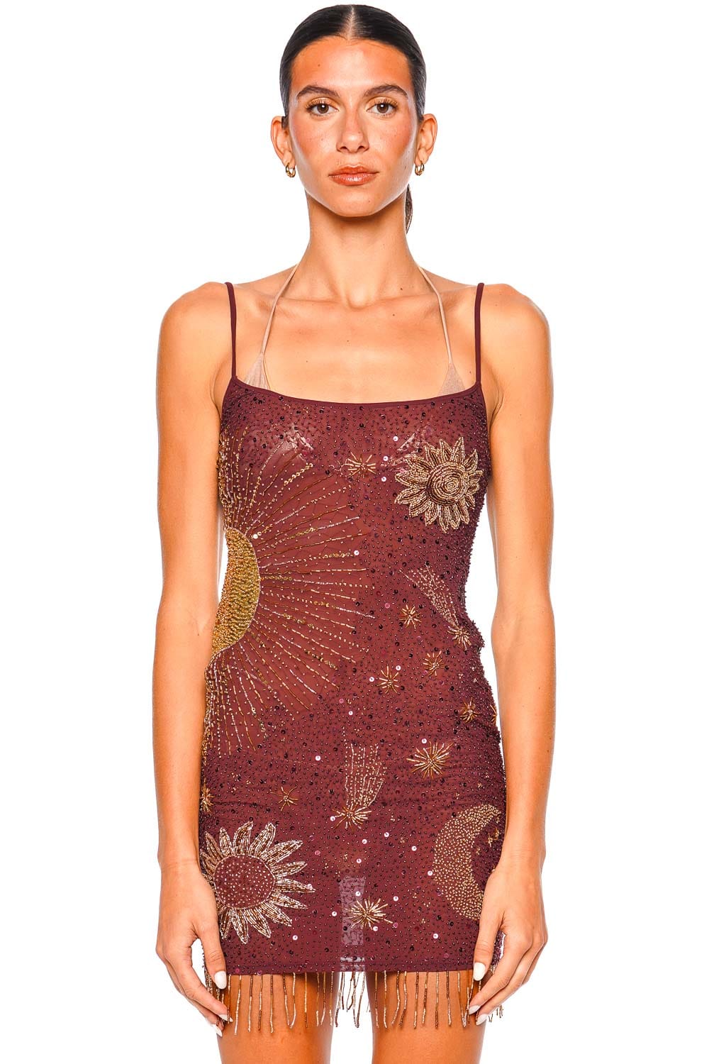 Leslie Amon After Sun Brown Beaded Mini Dress with Spaghetti Straps