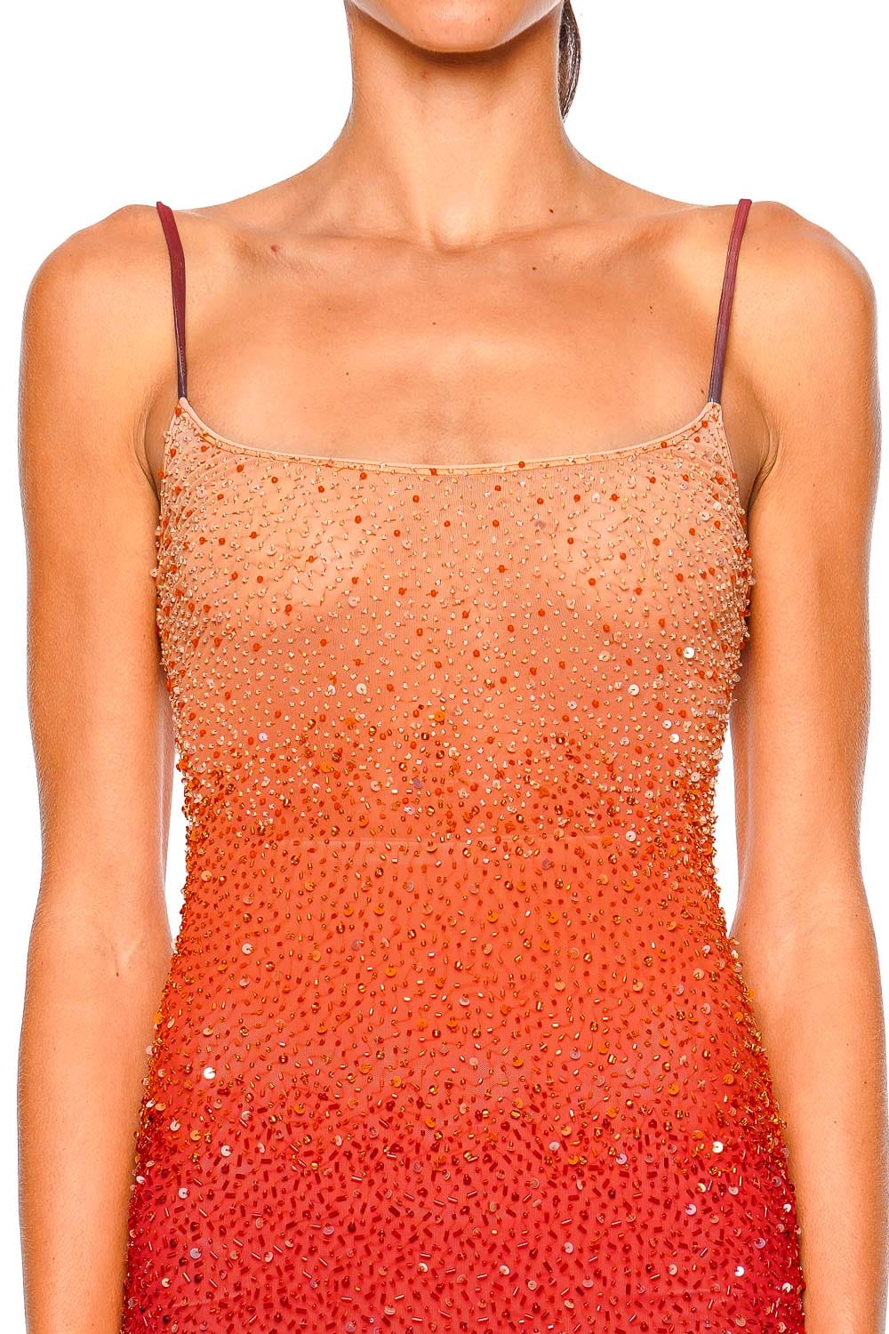 Leslie Amon Sunset Flow Sunrise Embellished Maxi Dress with Spaghetti Straps