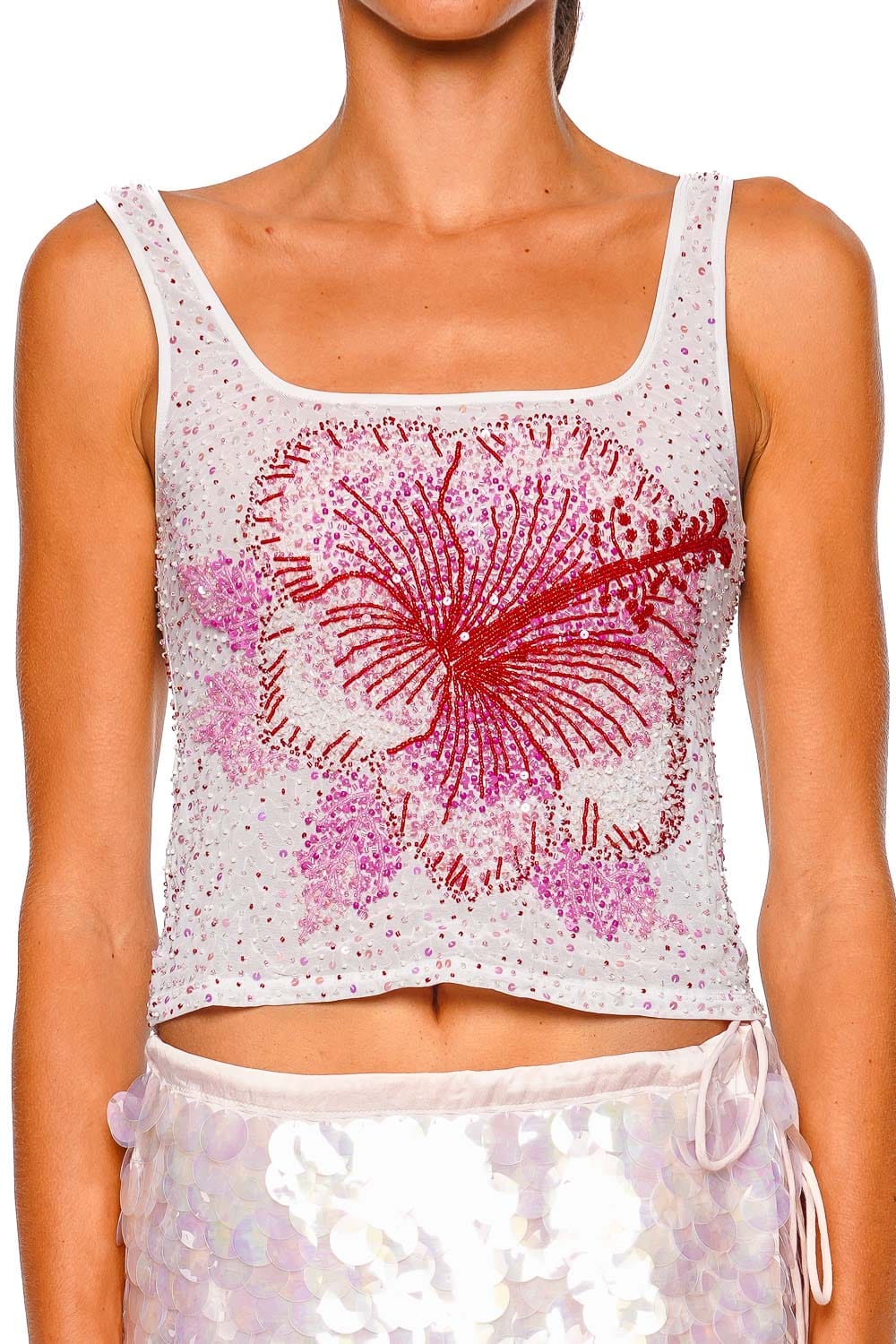 Leslie Amon Hibiscus Sleeveless Embellished Crop Top in White