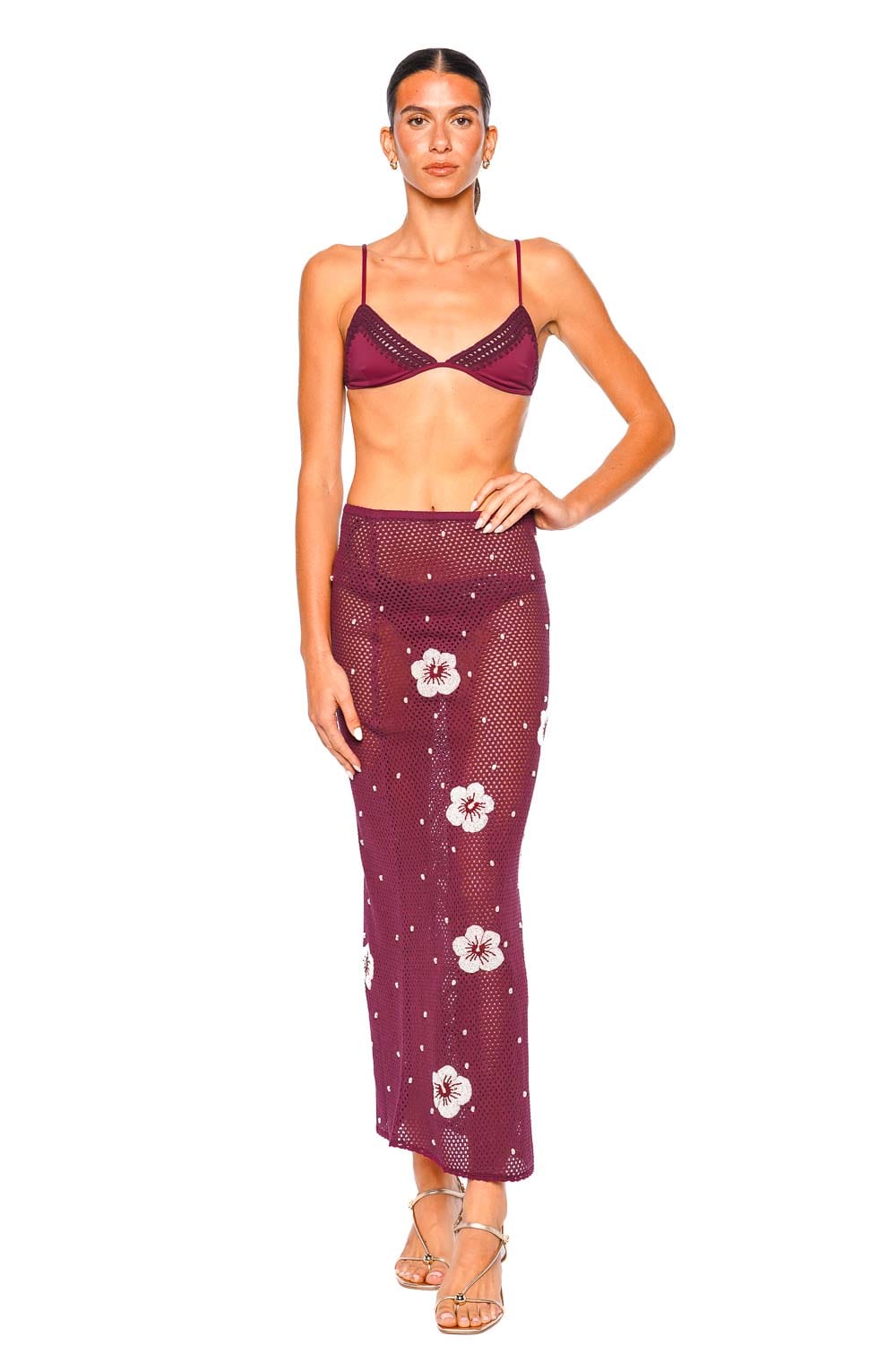 Leslie Amon Treasure Hibiscus Deep Red Sheer Maxi Skirt