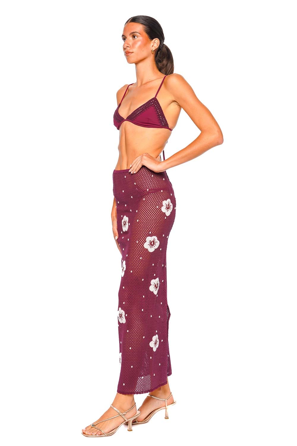 Leslie Amon Treasure Hibiscus Deep Red Sheer Maxi Skirt