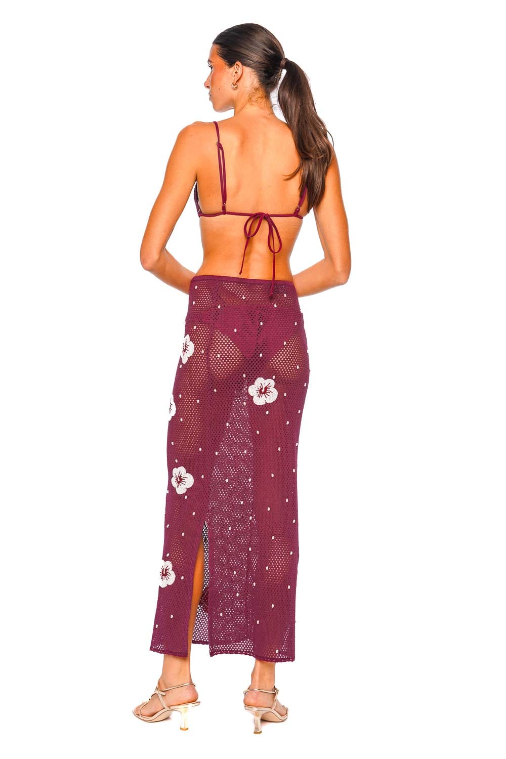 Leslie Amon Treasure Hibiscus Deep Red Sheer Maxi Skirt