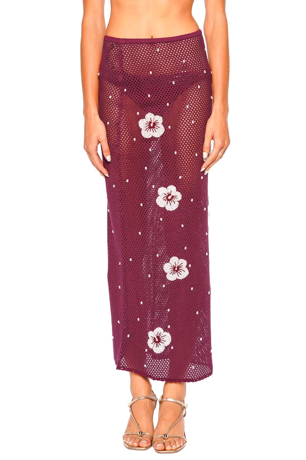 Leslie Amon Treasure Hibiscus Deep Red Sheer Maxi Skirt