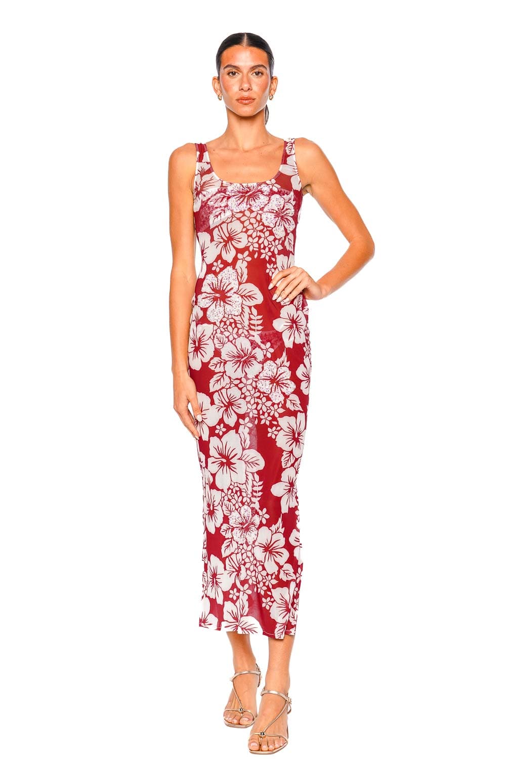 Leslie Amon Roselle Hibiscus Red Strappy Mesh Maxi Dress