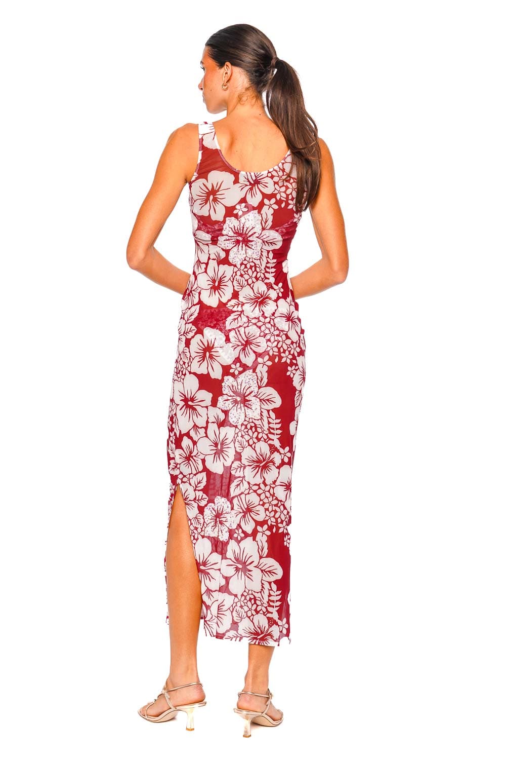 Leslie Amon Roselle Hibiscus Red Strappy Mesh Maxi Dress