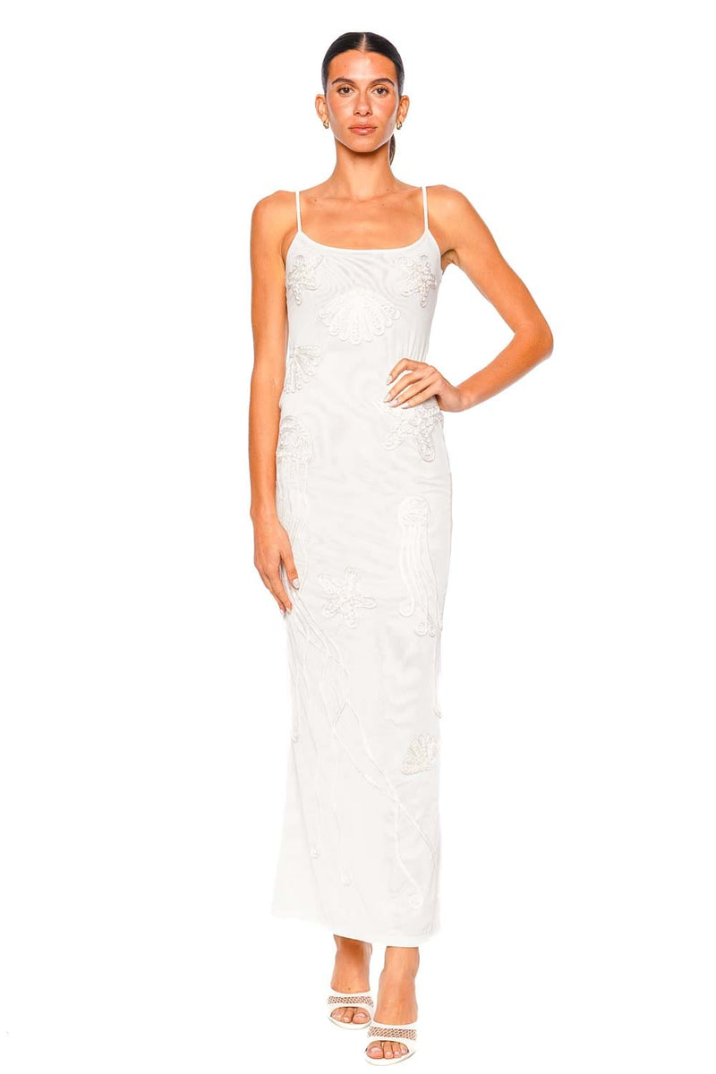 Leslie Amon Jade White Seascape Embroidered Maxi Dress