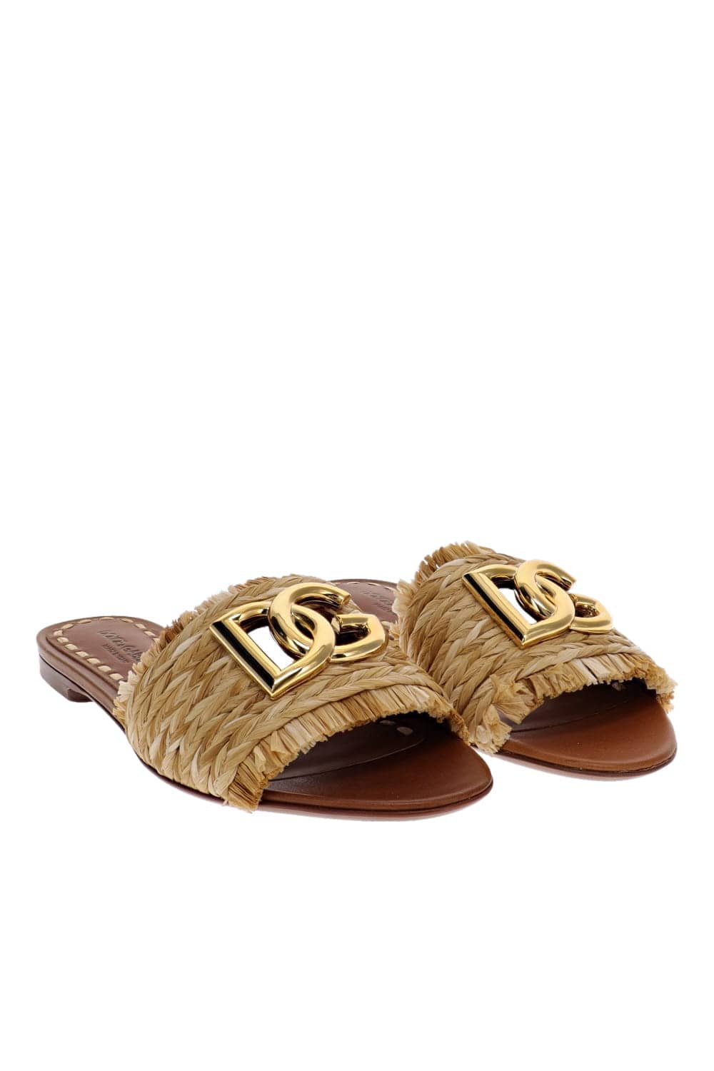 Dolce & Gabbana Natural Raffia Logo Embellished Slides