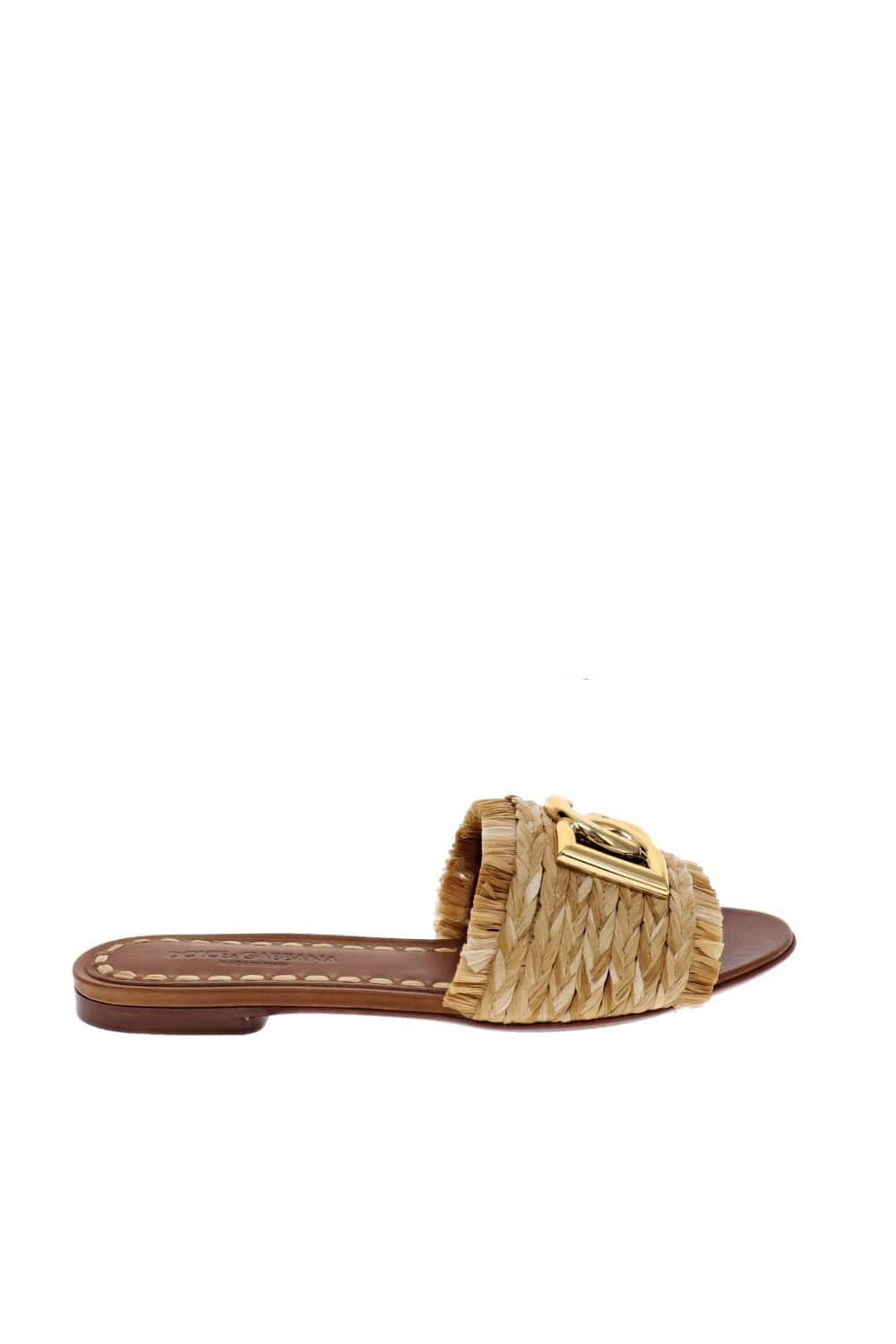 Natural Raffia Logo Embellished Slide Sandal