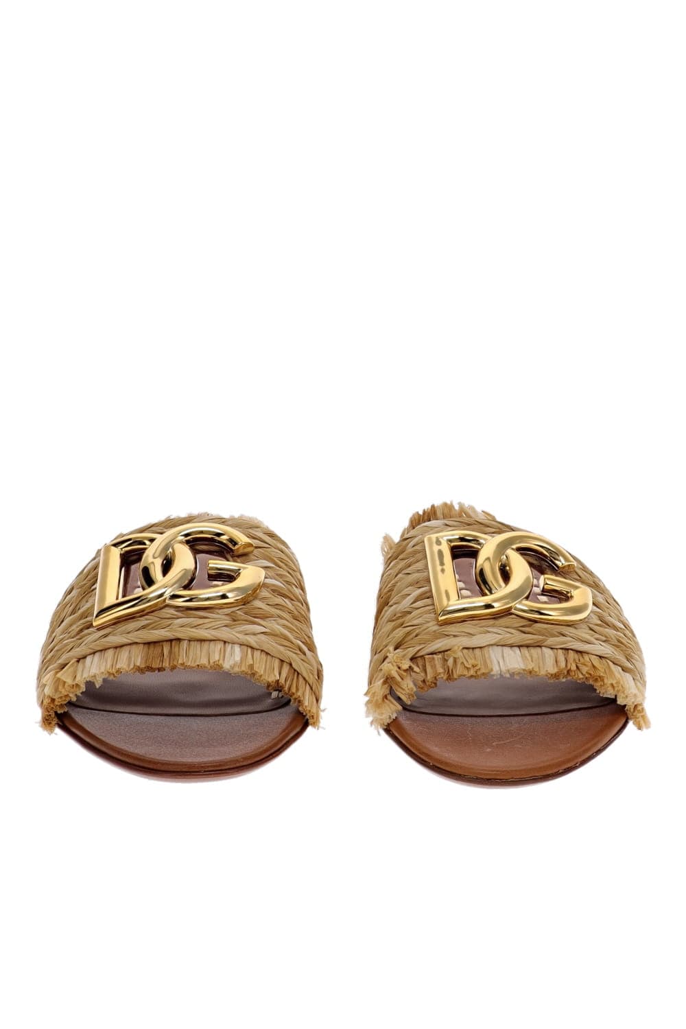 Dolce & Gabbana Natural Raffia Logo Embellished Slides