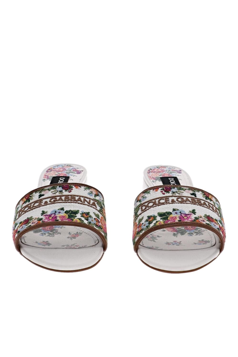 Dolce & Gabbana Floral Embroidered Block Heel Slide Sandals White Multi