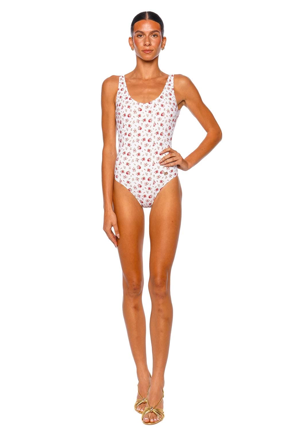 Dolce & Gabbana Olympic One Piece Scoop Neck Floral Swimsuit White Pink