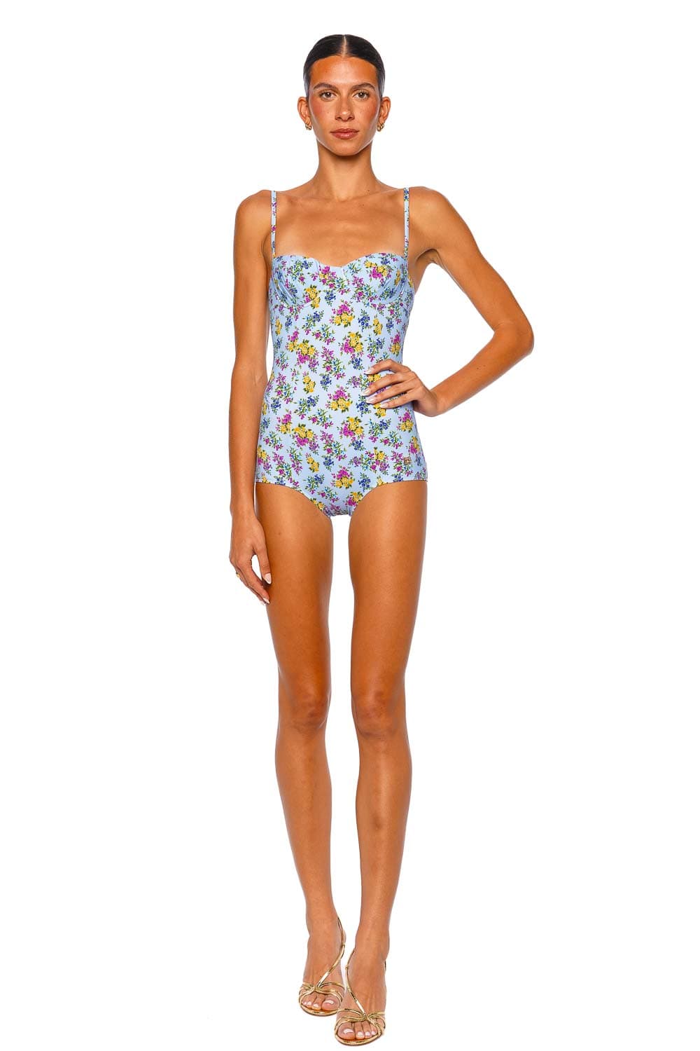 Dolce & Gabbana Bustier One Piece Celeste Floral Strappy One Piece Swimsuit