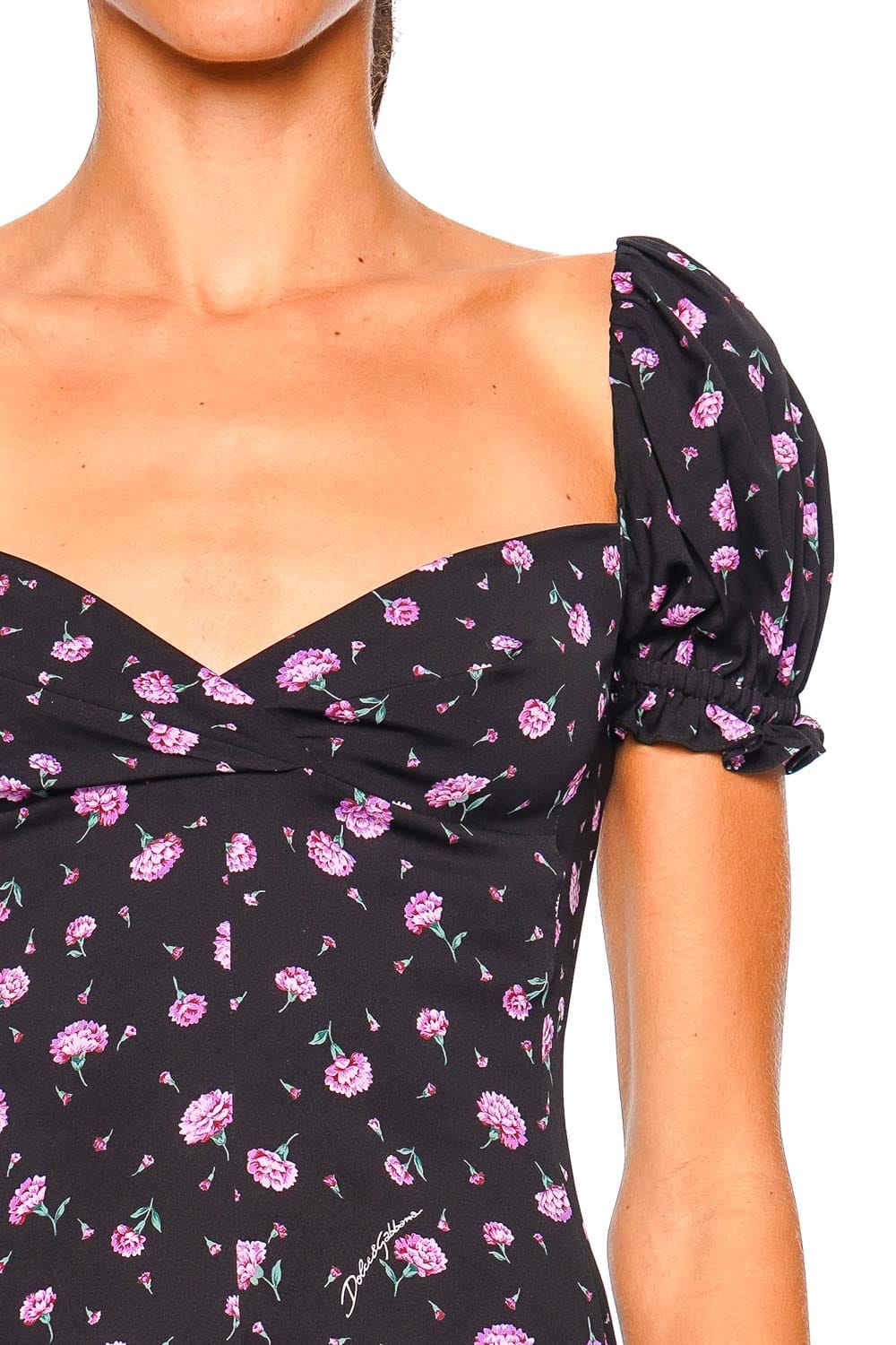 Dolce & Gabbana Black Carnations Puff Shoulder Mini Dress