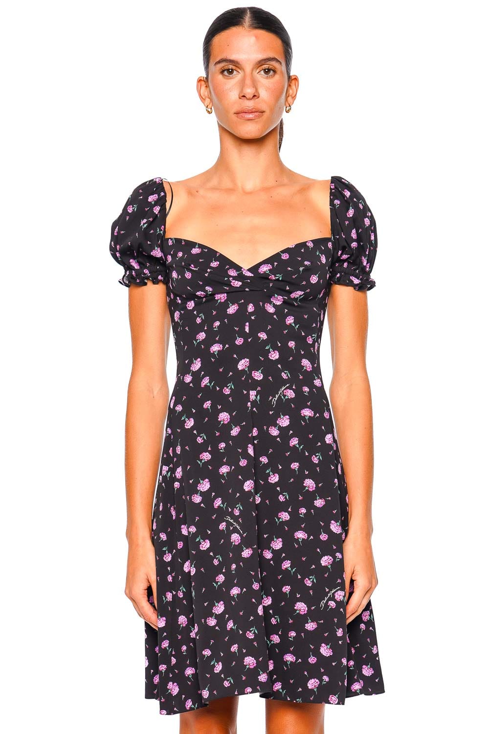 Dolce & Gabbana Black Carnations Puff Shoulder Mini Dress