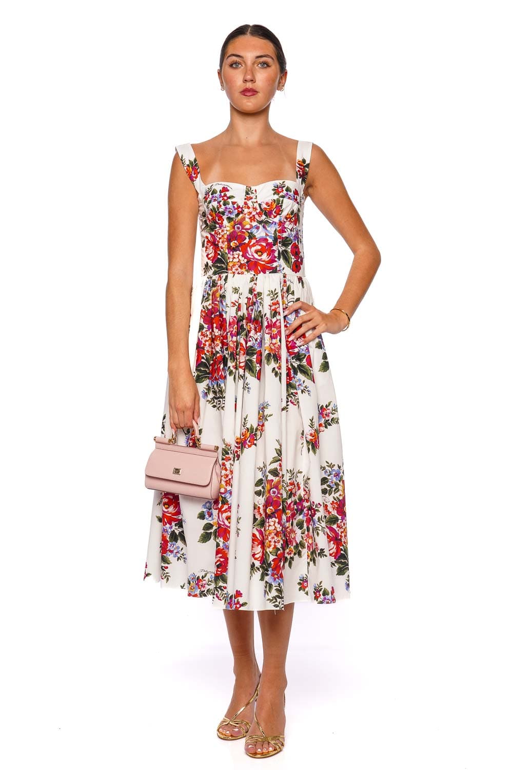 Dolce & Gabbana White Floral Pleated Midi Dress with Square Neckline