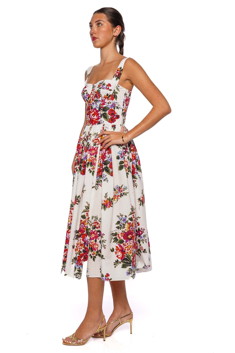 Dolce & Gabbana White Floral Pleated Midi Dress with Square Neckline