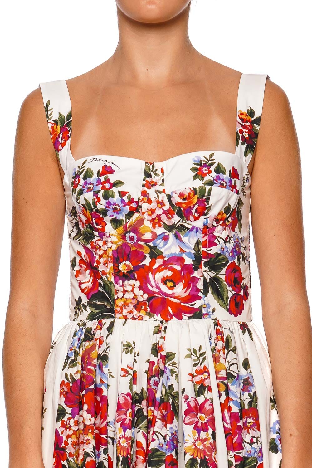 Dolce & Gabbana White Floral Pleated Midi Dress with Square Neckline