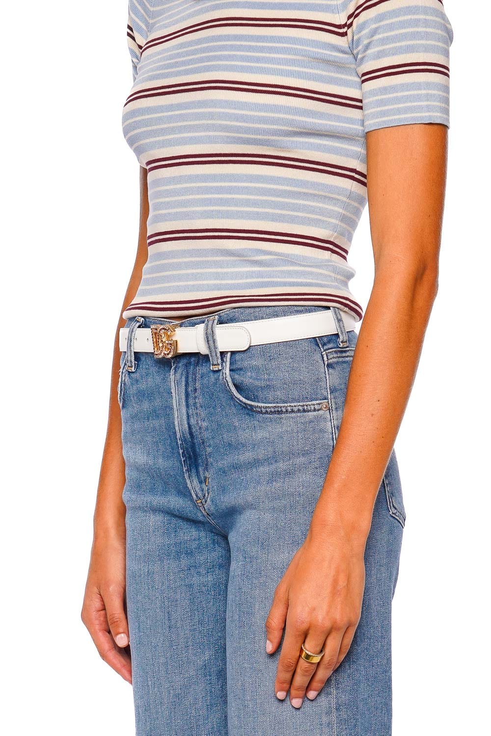 新品 S logo belt tops white White Polished Calfskin Embellished Logo Belt