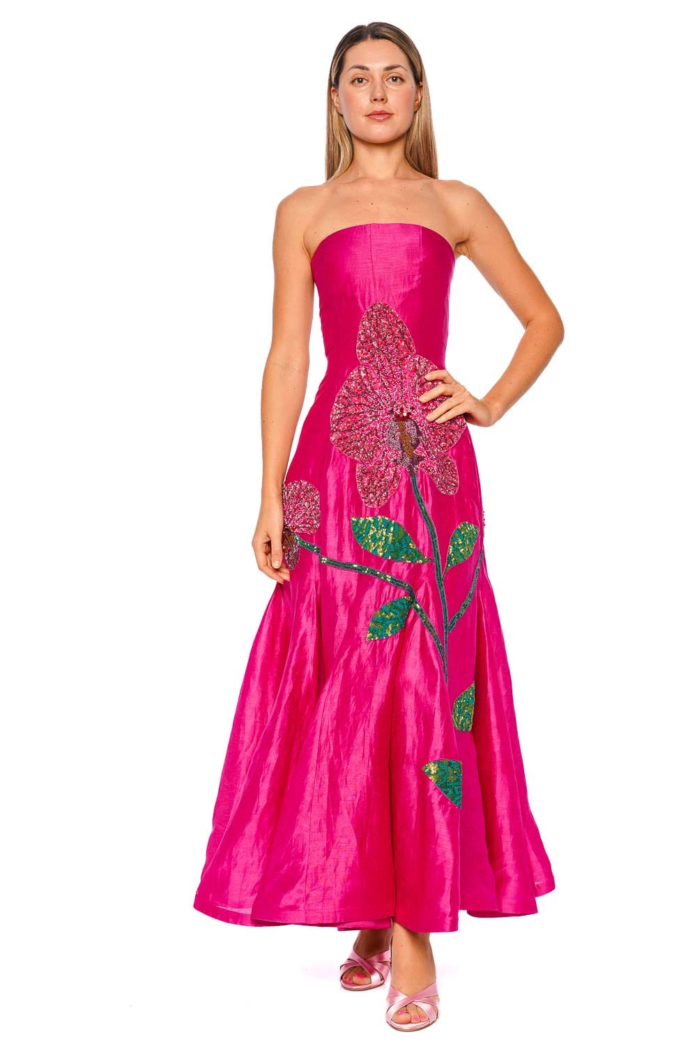 LA FUORI Orchid Hand Beaded Strapless Gown