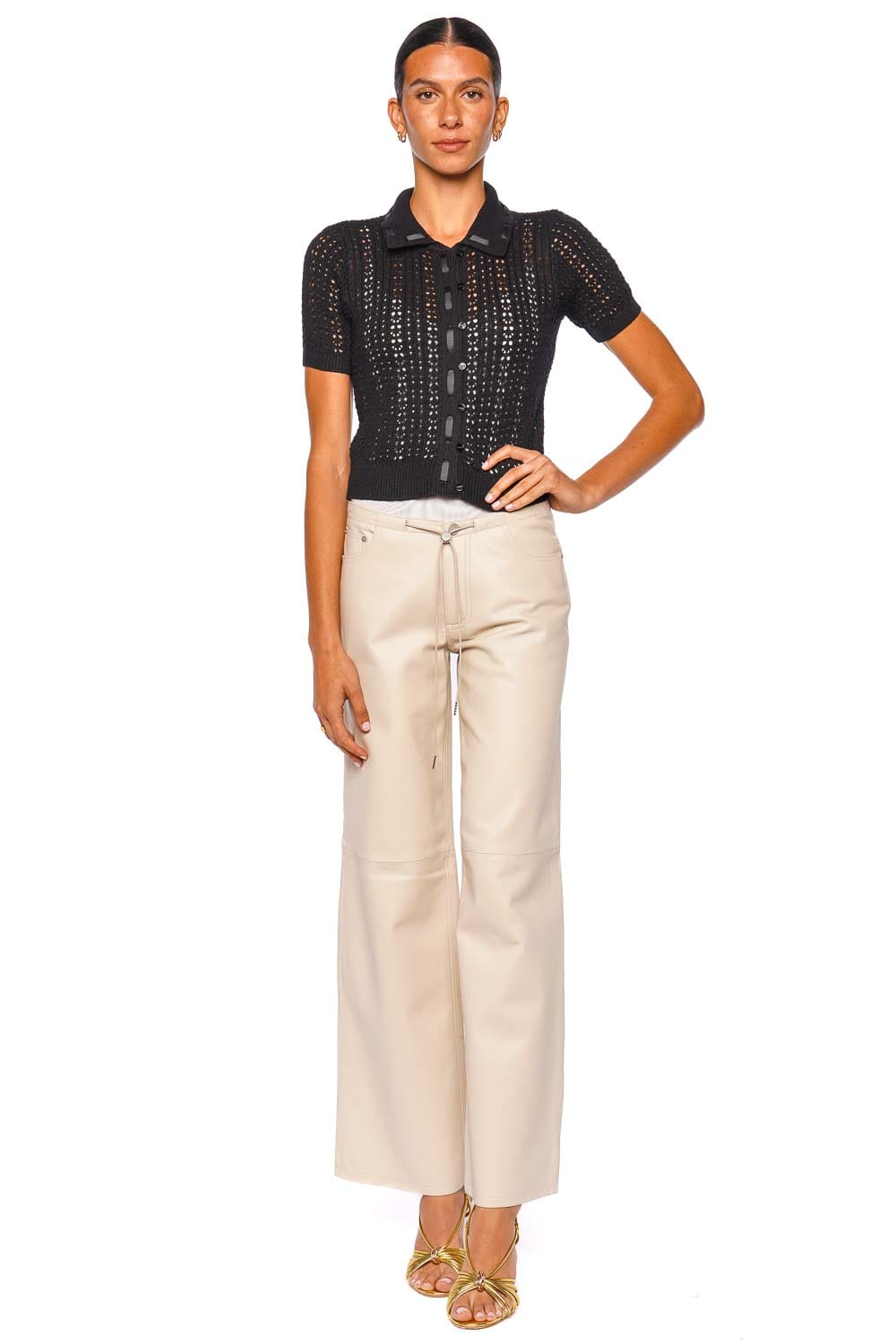 L'AGENCE Ninette Black Short Sleeve Ribbon Knit Top