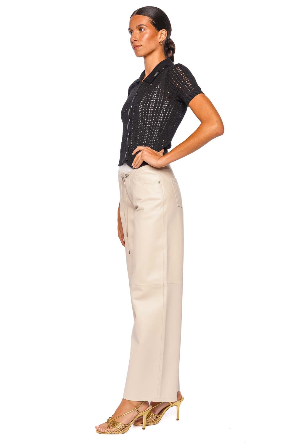 L'AGENCE Ninette Black Short Sleeve Ribbon Knit Top