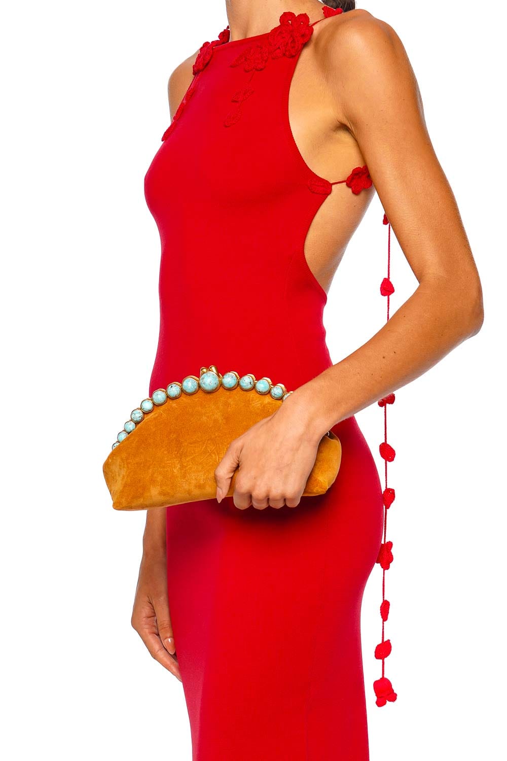 Cult Gaia Una Caramel Suede Turquoise Beaded Clutch