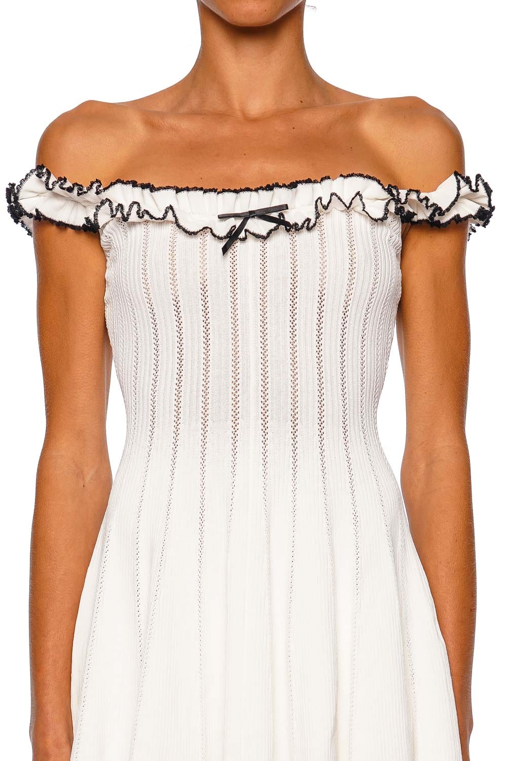 self-portrait White Contrast Trim Ruffled Pointelle Knit Mini Dress