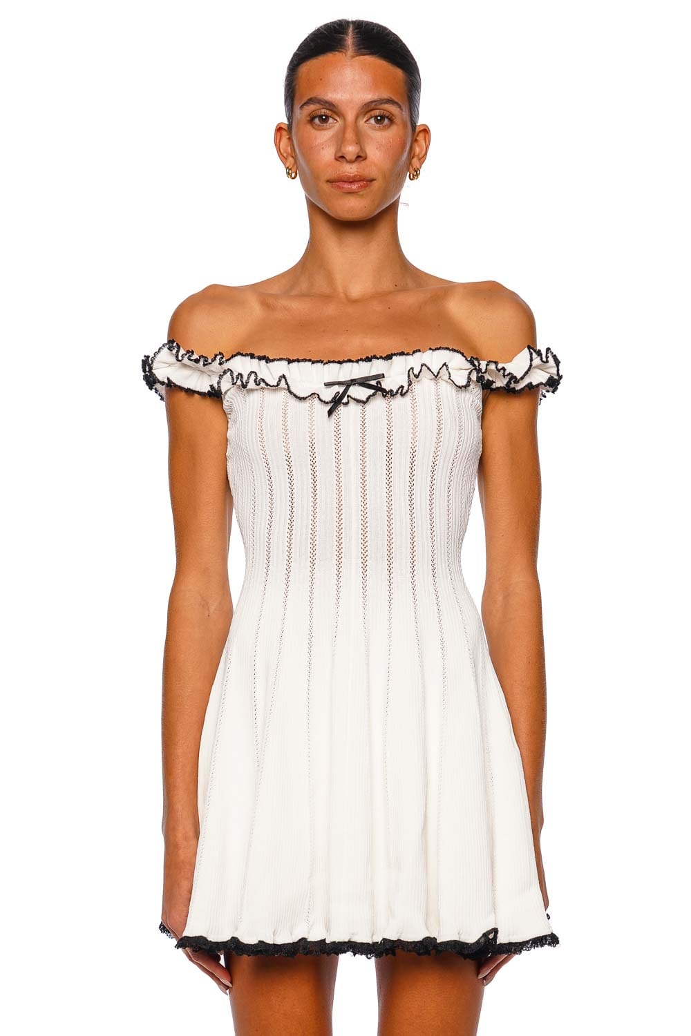 self-portrait White Contrast Trim Ruffled Pointelle Knit Mini Dress