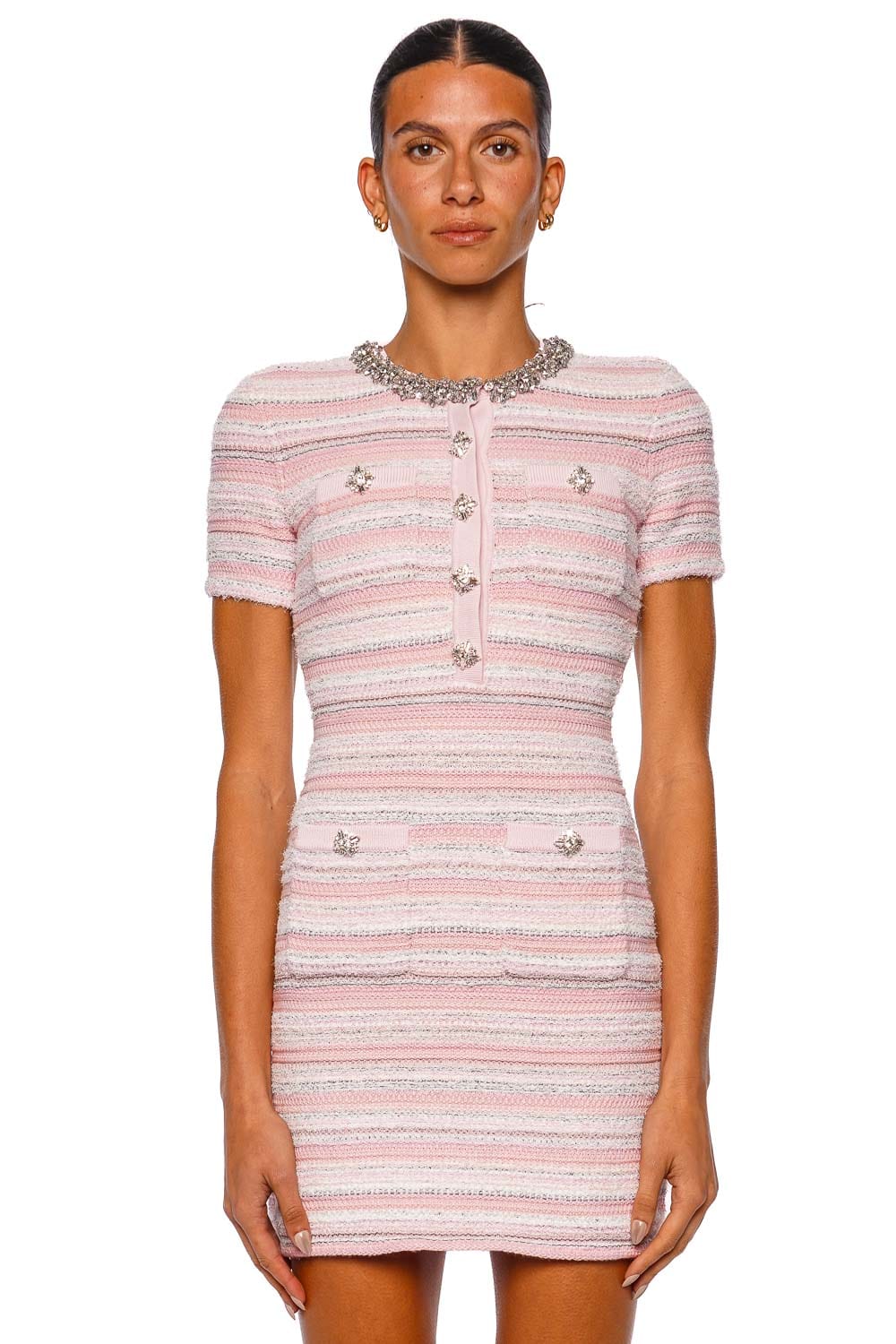 Self-portrait Pink Embellished Short Sleeve Knit Mini Dress Self-portrait Pink Embellished Short Sleeve Knit Mini Dress
