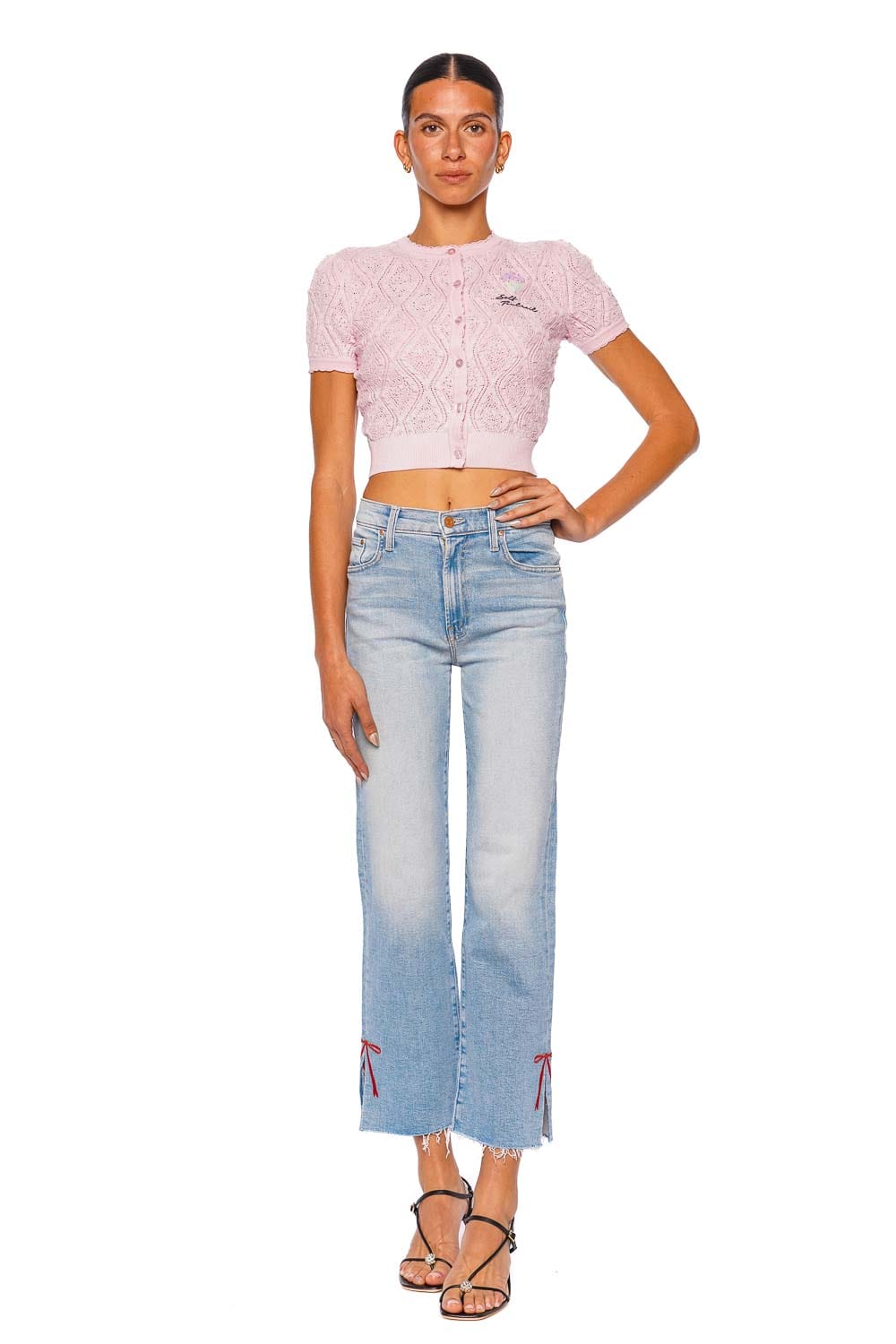 self-portrait Pink Pointelle Knit Short Sleeve Cropped Top