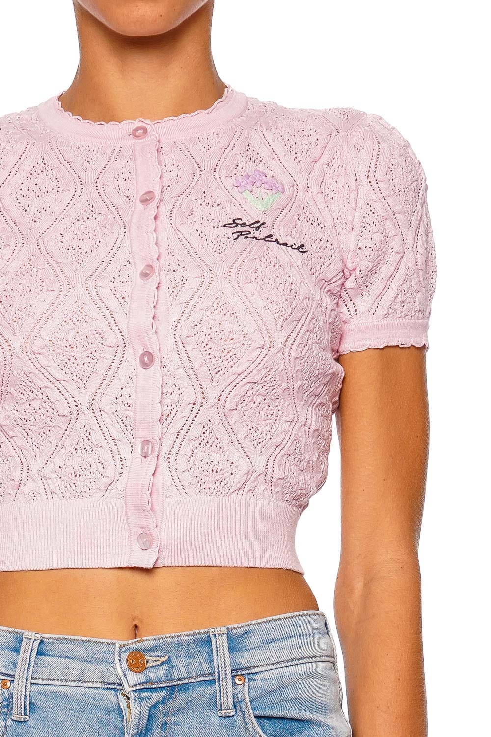 Pink Pointelle Knit Short Sleeve Cropped Top