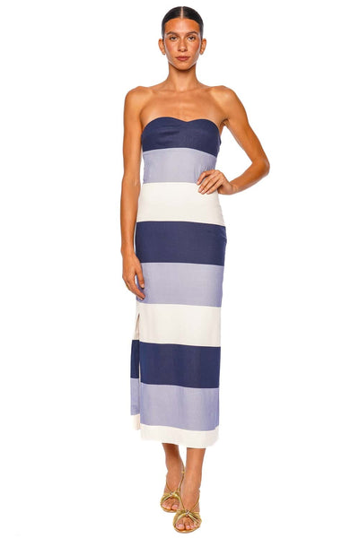 blue striped dress Roade Porto Blue Stripe Linen Midi Dress Organic Sustainable – The Fairnest main image 0