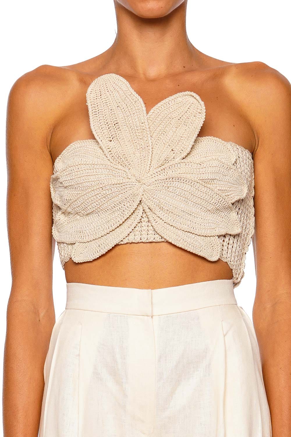Andres Otalora SS26056 Ivory Strapless Floral Crop Top