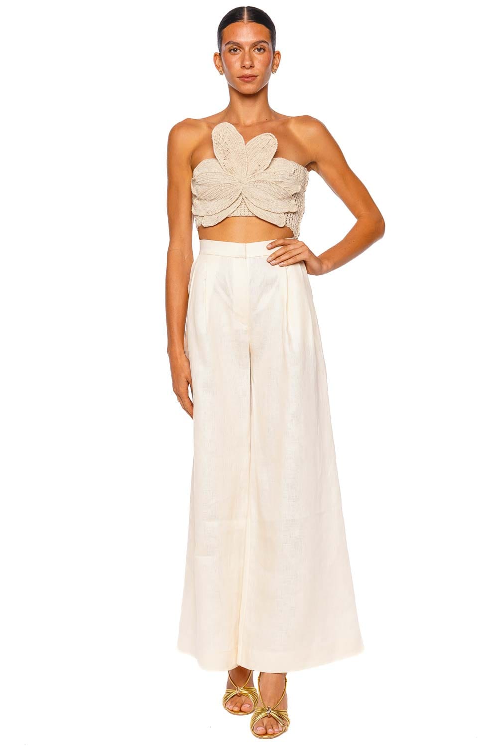Andres Otalora SS26056 Ivory Strapless Floral Crop Top