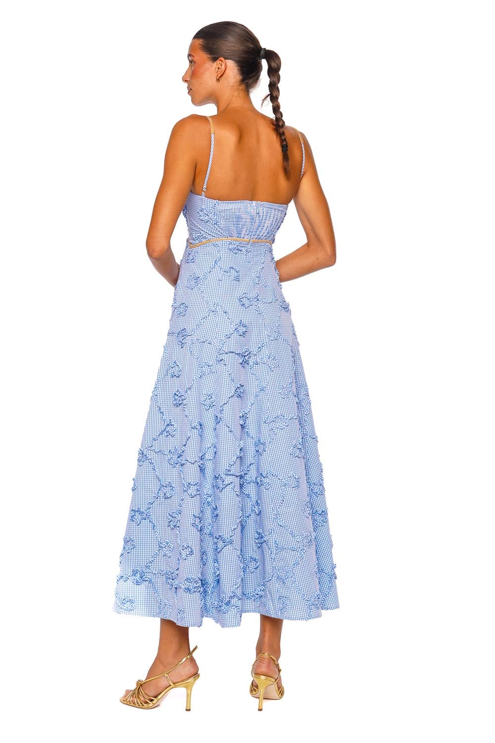 CLEA Harlow Blue Gingham Floral Embroidered Maxi Dress