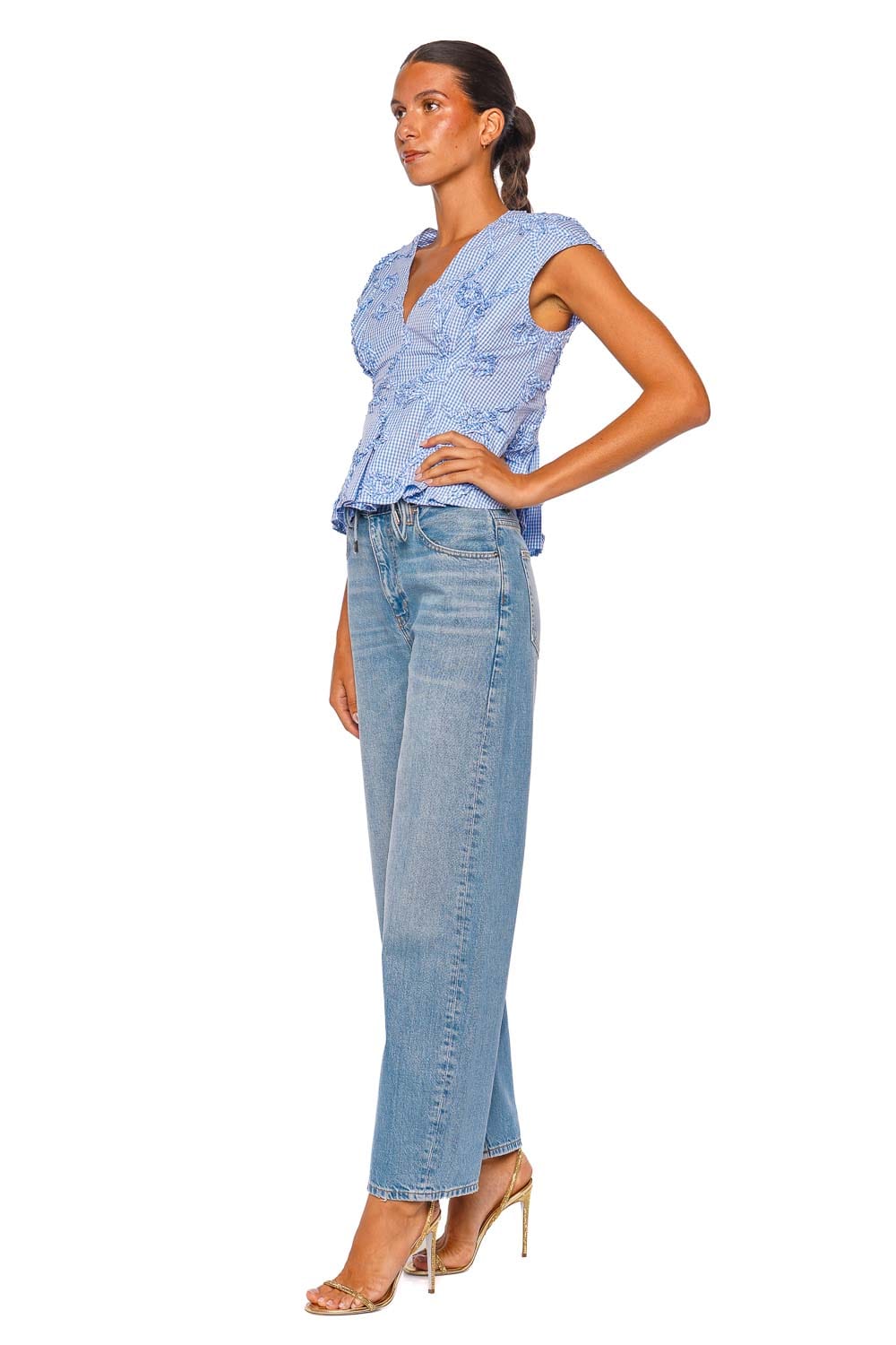 CLEA Billie Pleat Blue Gingham Cap Sleeve Top
