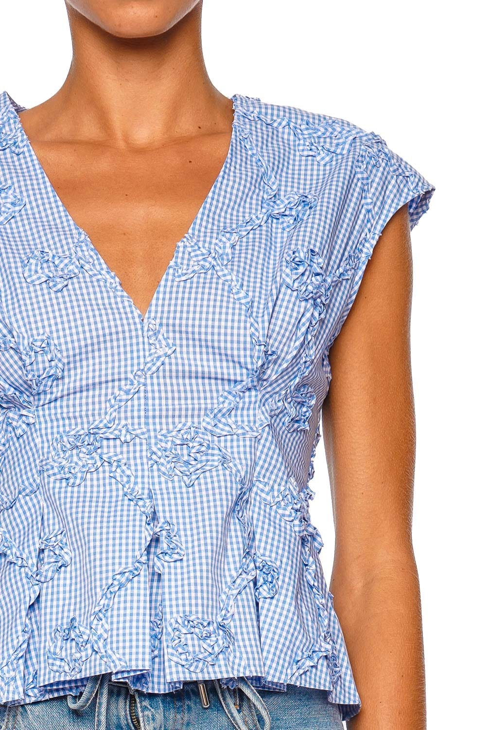 CLEA Billie Pleat Blue Gingham Cap Sleeve Top
