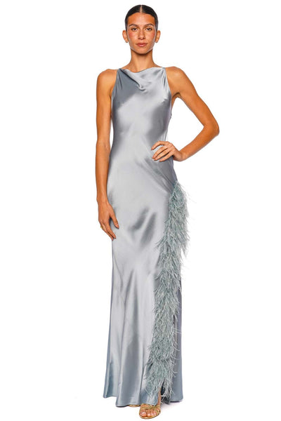 Light Slate Feather Trim Satin Halter Gown